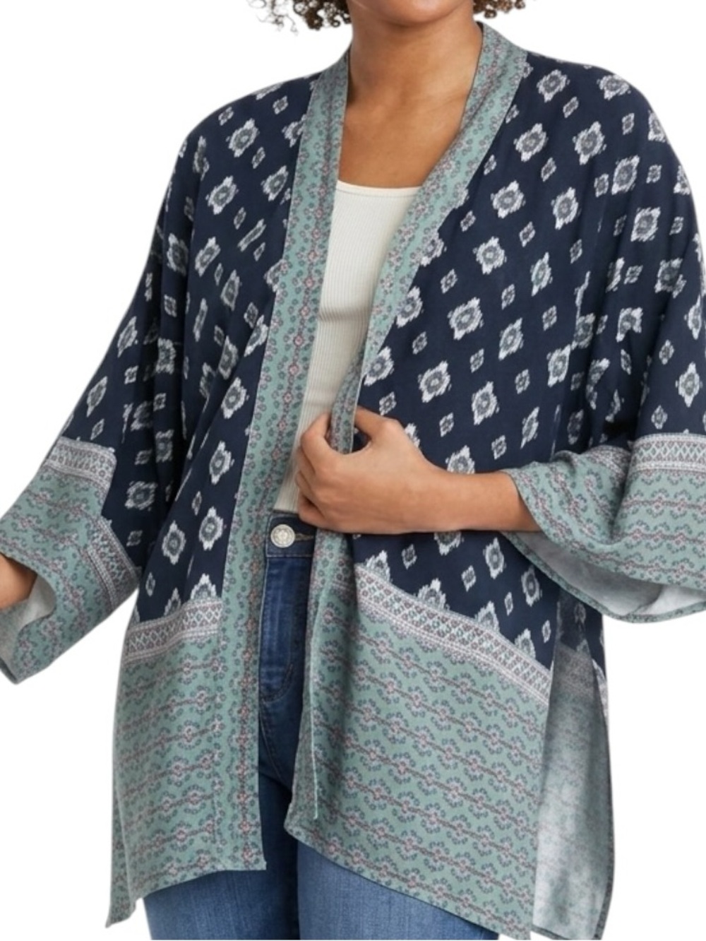 Knox Rose Navy & Sage Printed Open-Front Kimono Cardigan - Picture 7 of 7
